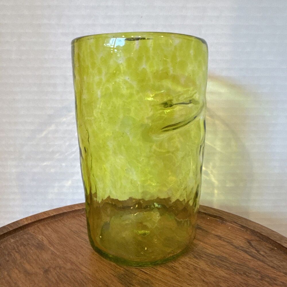 Hand Blown Art Glass Tumbler Yellow Spots Organic Pinched Shape 5” Tall Thick